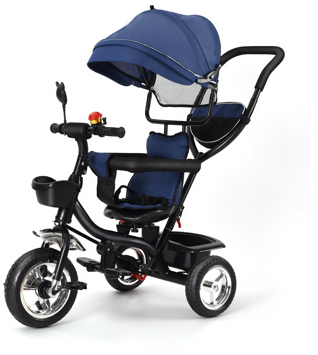   -Kinderdriewieler   met duwstang-360° draaibare zit-Met zonnescherm- Blauw