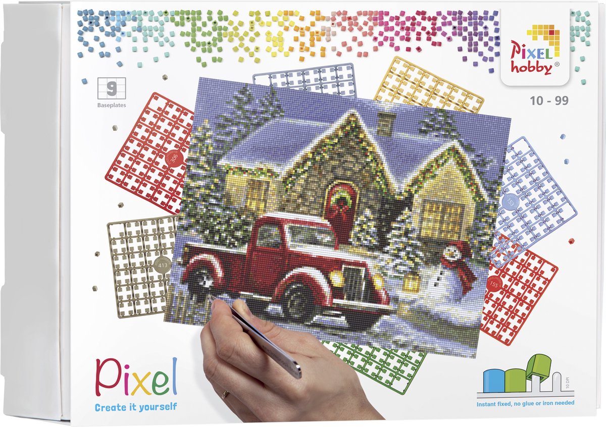 Pixelhobby geschenkdoos KERST 9 basisplaten - Auto bij kersthuis