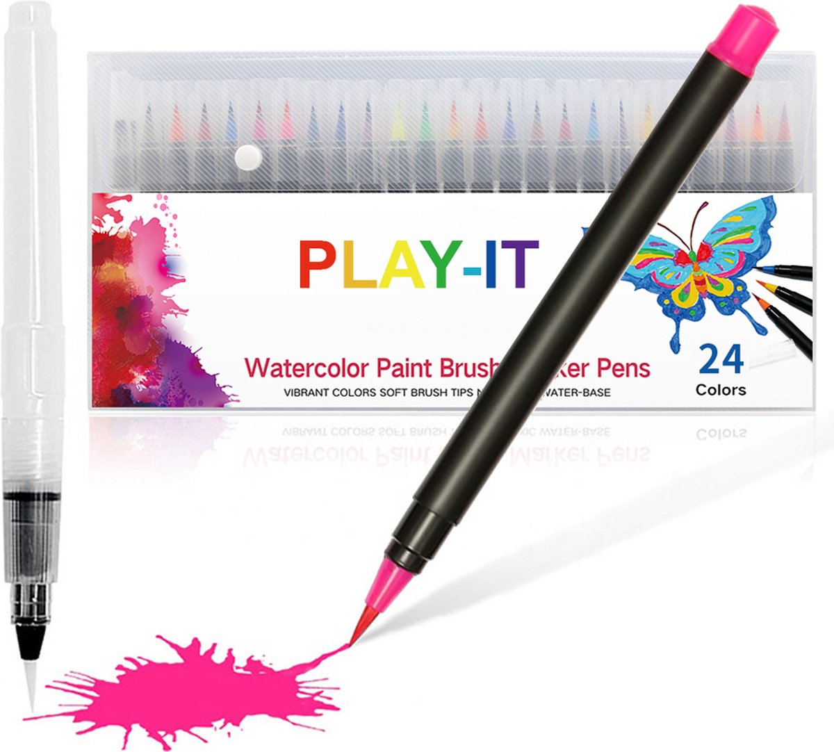 PLAY IT Stiften 24 kleuren + 1 Waterbrushstift - Fijne Zachte Punt - Penseel Stiften