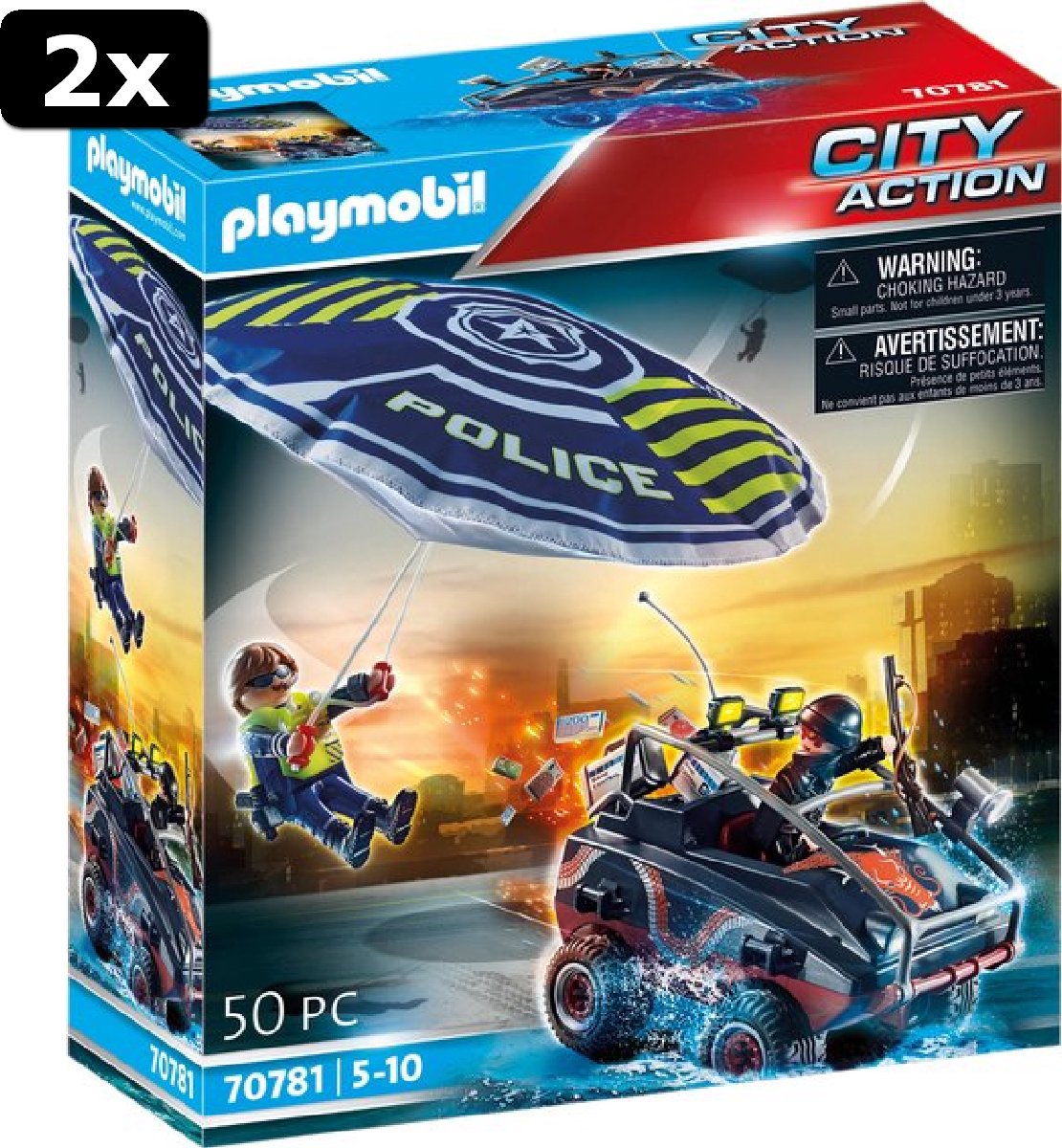 2x PLAYMOBIL City Action Politieparachute: achtervolging van het amfibievoertuig - 70781