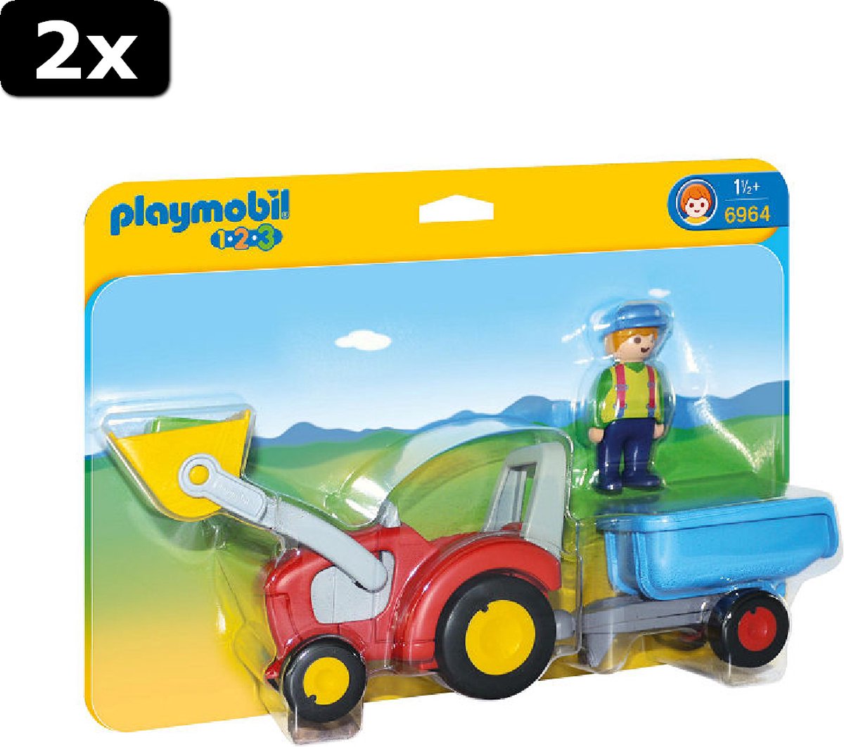 2x Playmobil 1.2.3. Boer met tractor en aanhangwagen