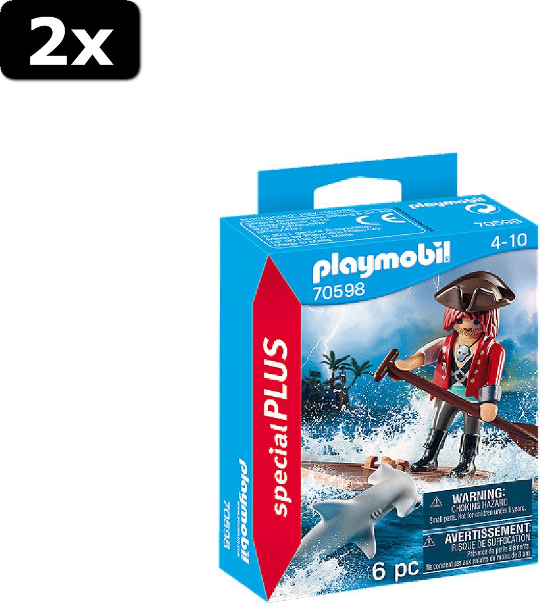 2x Playmobil Special Plus Piraat met vlot en hamerhaai