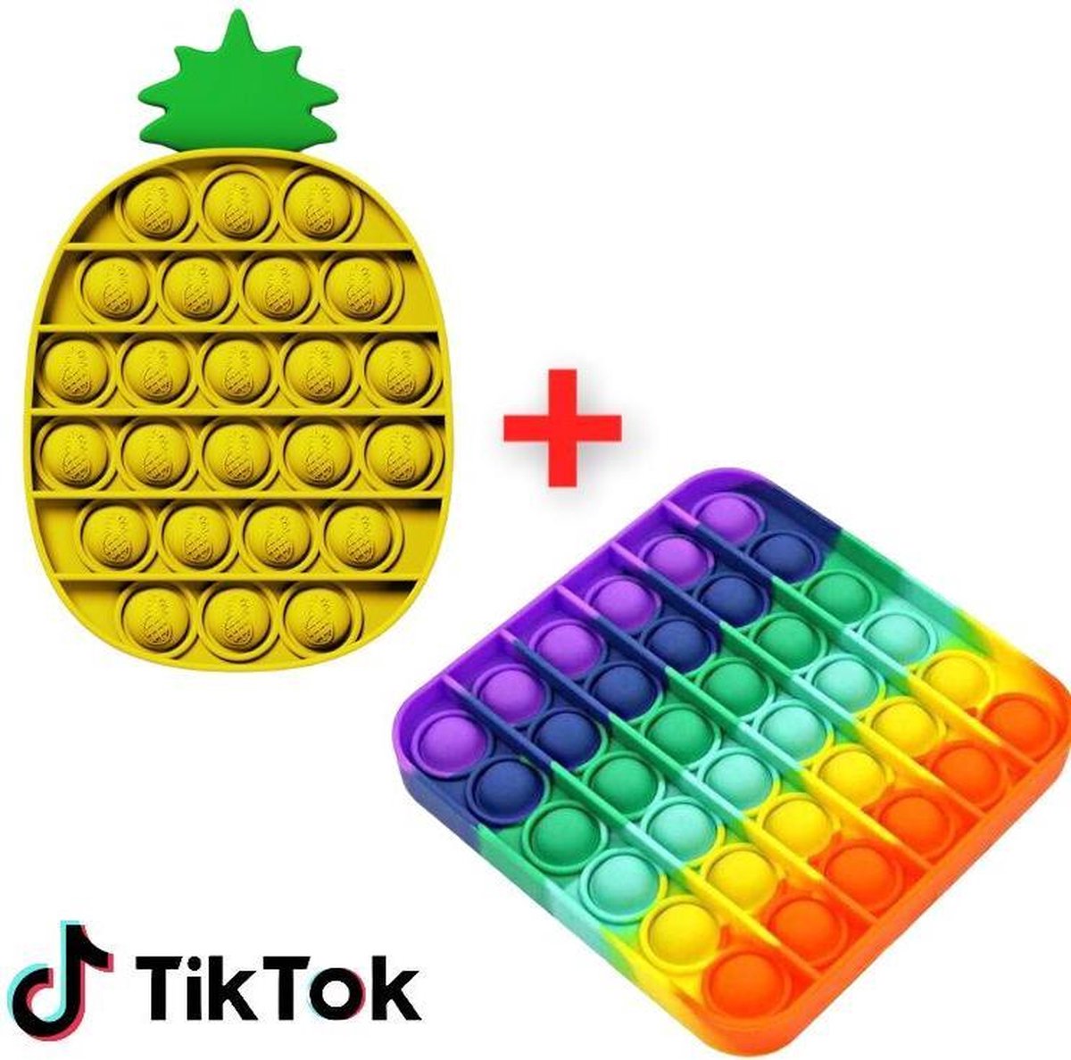 ESSENTIALS73 Fidget Pop It®️ Unieke Set: Regenboog Vierkant & Ananas - Pineapple - Anti Stress - TikTok - Tik Tok