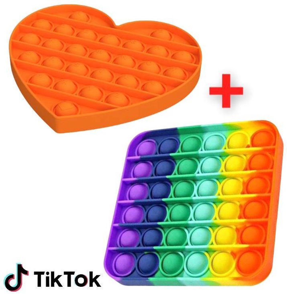 ESSENTIALS73 POP IT Fidget Super Set: Regenboog Vierkant & Hart Oranje - Rainbow - TikTok - Tik Tok - Speelgoed - Anti Stress - Heart