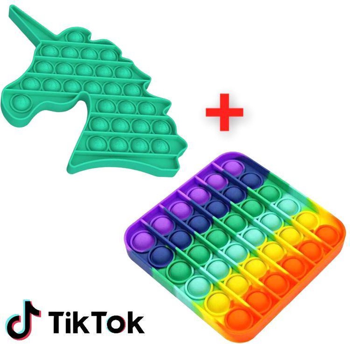 ESSENTIALS73 POP IT Fidget Unieke Set: Regenboog Vierkant & Unicorn Groen - Rainbow - TikTok - Speelgoed - Tik Tok - Eenhoorn