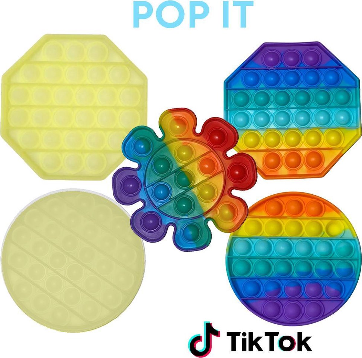 Pop IT 5 in 1 - Fidget Toys - pop it pakket - regenboog achthoek, cirkel & Bloem - Glow in the dark achthoek & Cirkel - TikTok Trend - Anti-stress speelgoed