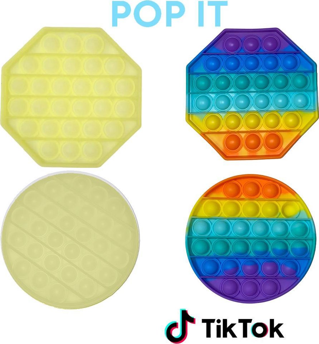 Pop IT pakket Glow In The Dark & Regenboog Fidget Set - 4 in 1 - Glow & Rainbow vierkant en achthoek - ontspanning - anti-stress friemelspeelgoed