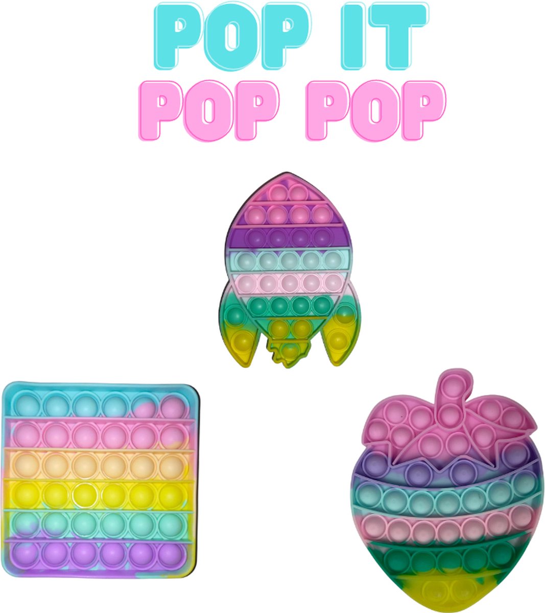 Pop It fidget toys - Pop it Hype - tiktok trend - Unieke vorm - Raket, vierkant & Aarbei Regenboog