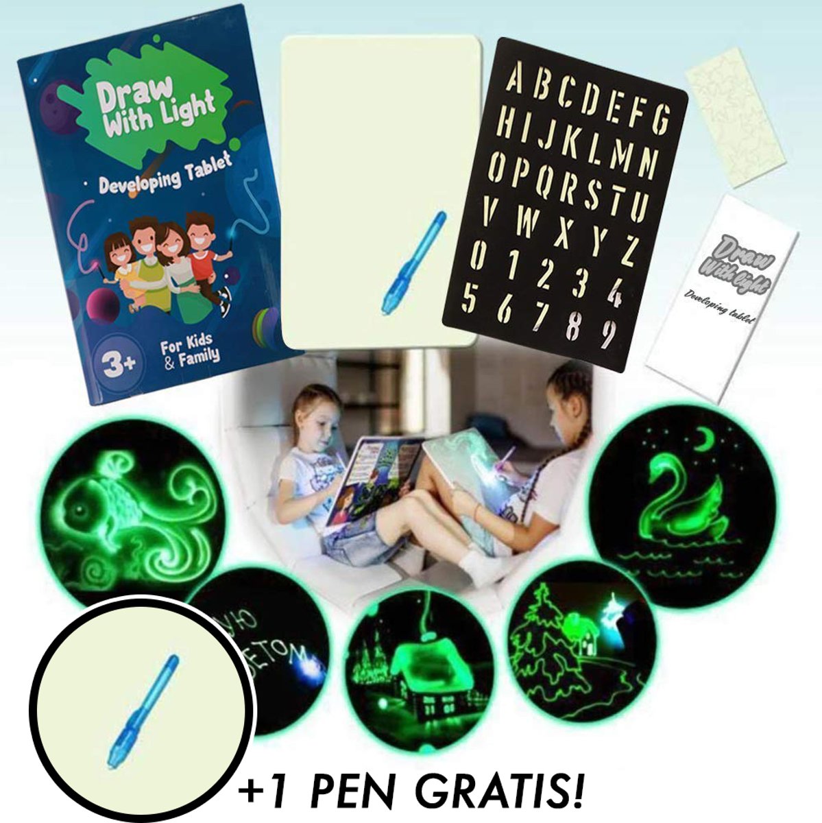 Magisch tekenbord - Tekenen Met Licht - Lichtgeven Tekenbord - LED - Educatief Speelgoed - Glow In The Dark - Tekenen In Het Donker - A3 - Sinterklaas - Kerst + Een Gratis  Extra LED pen