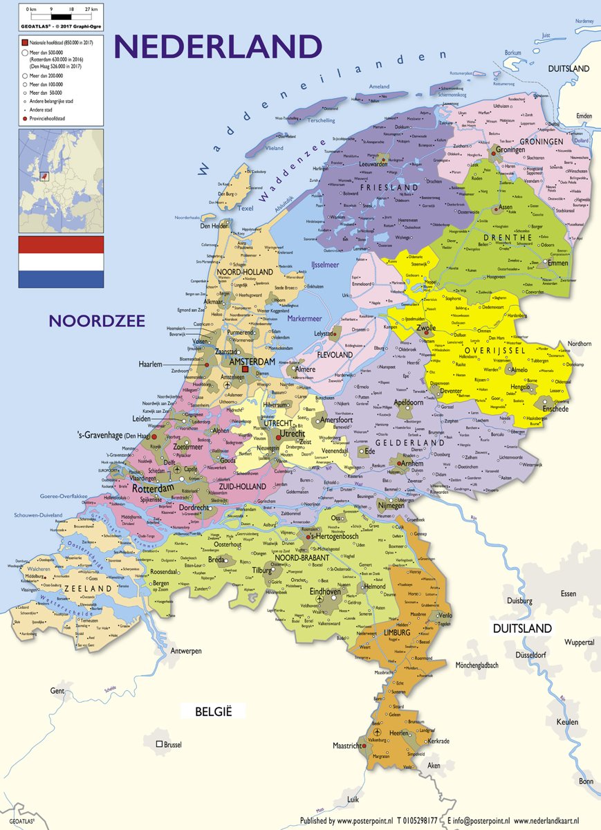 Nederland-Kaart-Landkaart-Schoolkaart-Poster-Extra Large-100x140cm.