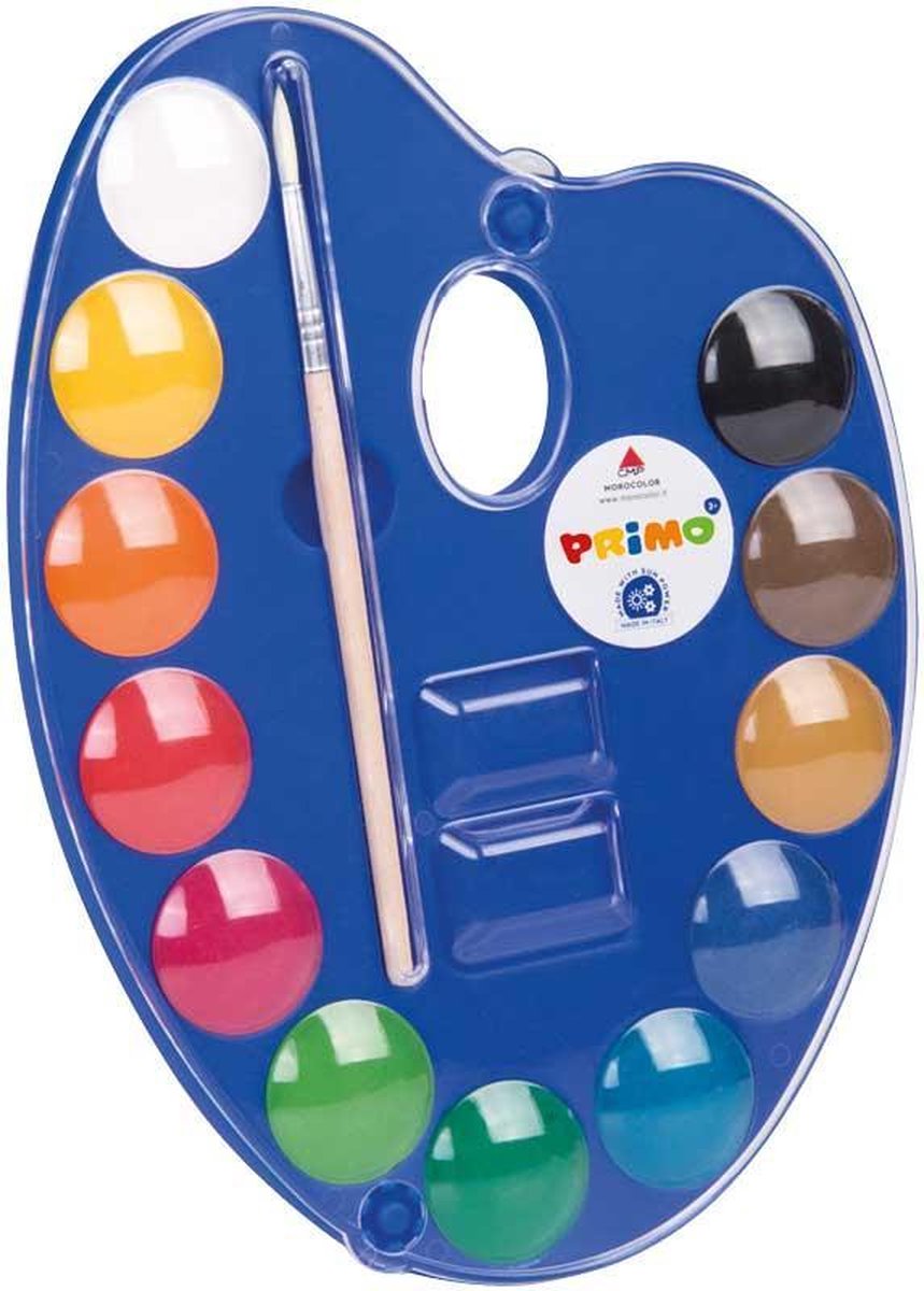 Primo: Waterverf Set voor Kids “Mixing Palette”  met 12 Napjes + Penseel in Kunststof  Mengpalet + 1 x A4 Blok Aquarelpapier 20 Vel / 300gram