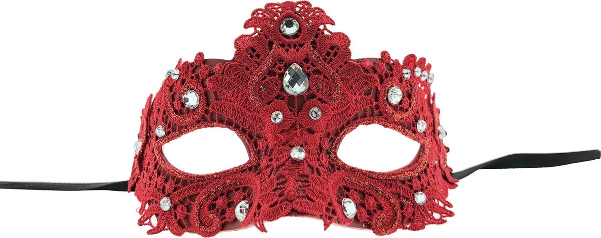 Venetiaanse Masker met Diamanten - Rood - 16 x 9 x 11 cm