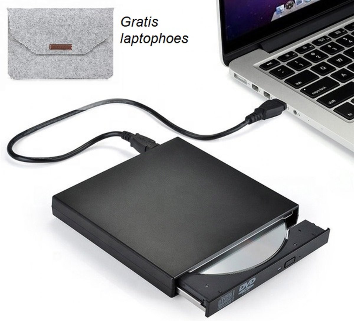 Externe CD/DVD speler – Brander - Voor laptop – USB aansluiting – Optische drive – Met gratis 15 inch laptophoes – Plug & play – Geschikt voor Windows en Mac - Zwart