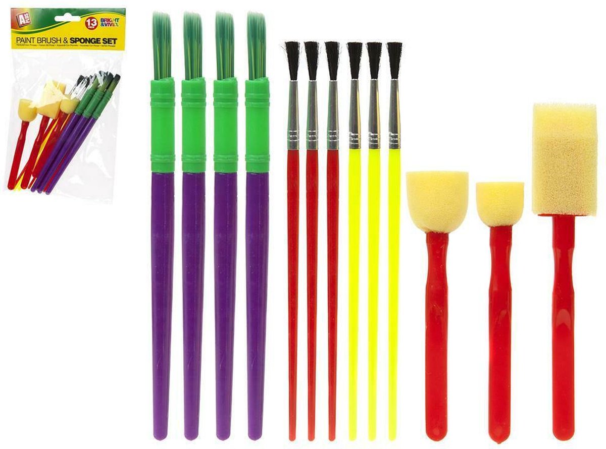 A Plus Kids Paint Brush & Sponge Set. 4 Large Brushes 6 Small Brushes 3 Sponge