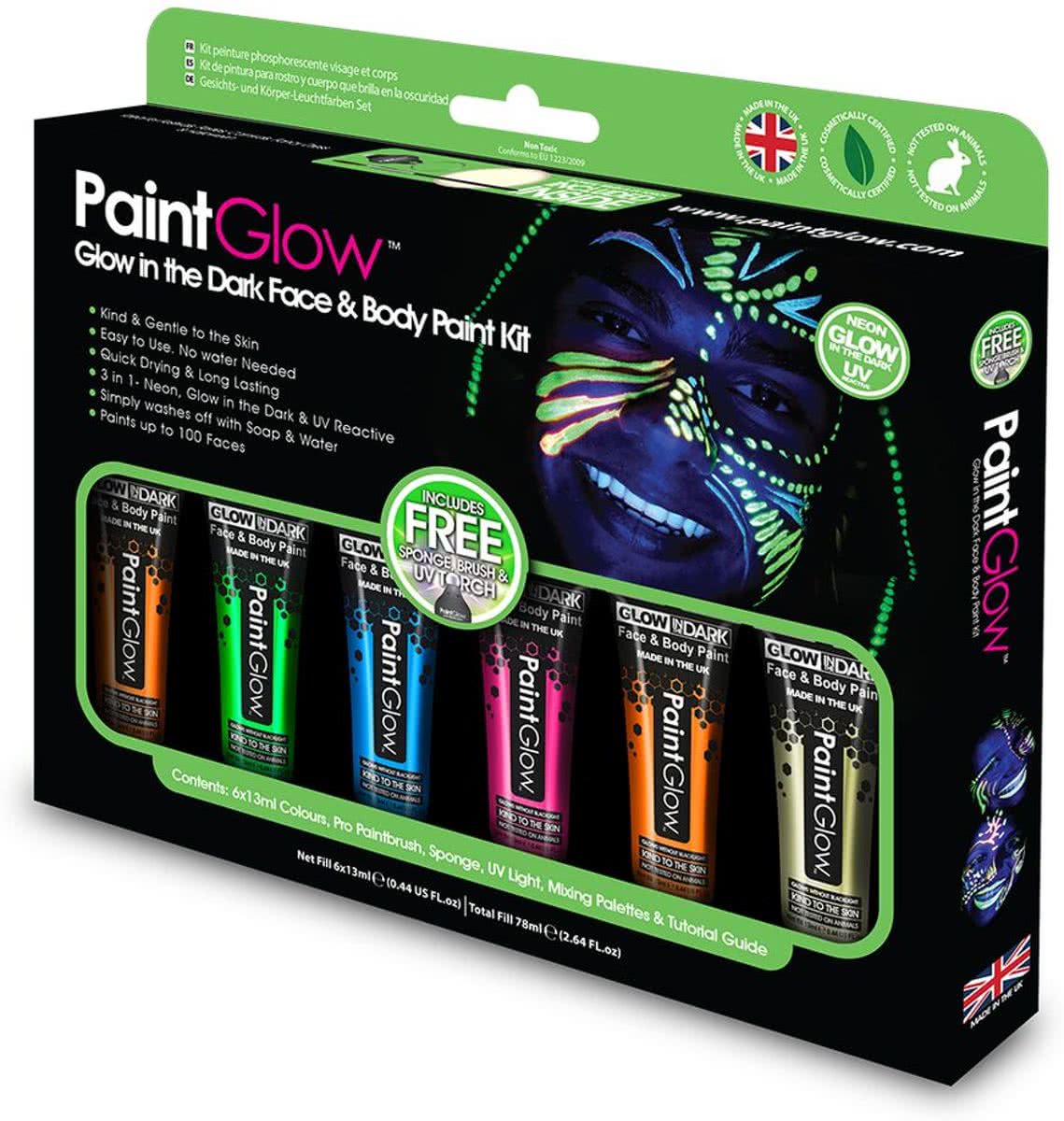 Glow in the Dark Neon Verf Schmink Set PaintGlow - 6x13ml incl. sponsje, kwastje, mini LED-blacklight en schminkinstructies