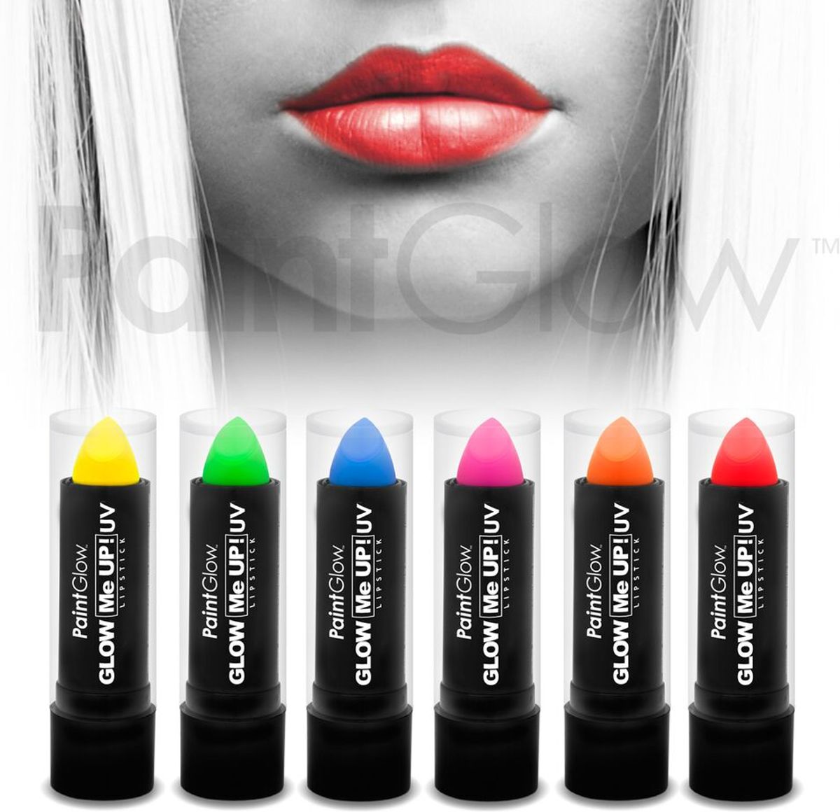 Neon / Blacklight Lippenstift PaintGlow - 6 stuks (Geel, groen, blauw, roze, oranje, rood)