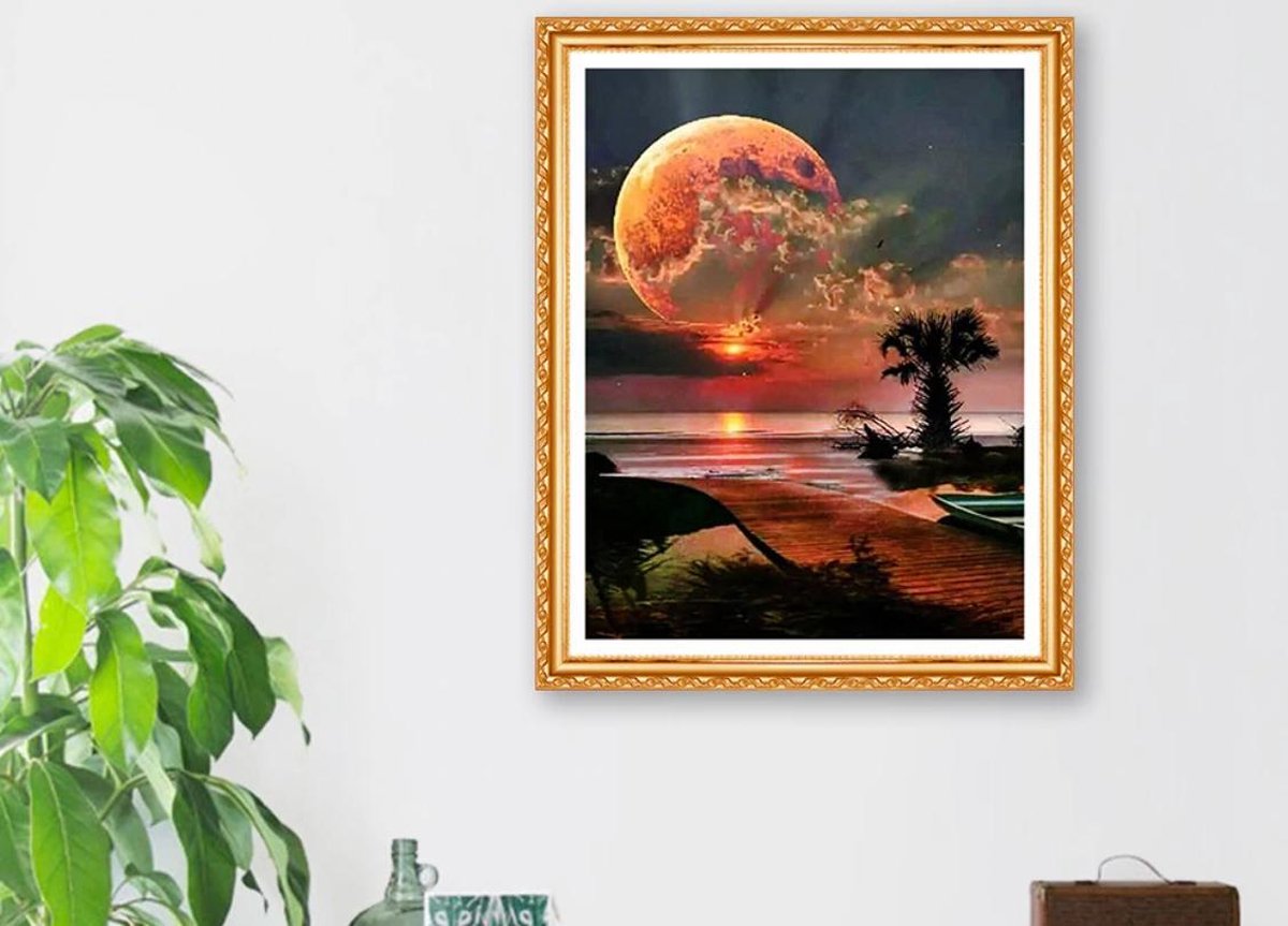 Diamond Painting - Maan over strand - landschap - nacht - diamond painting voor volwassenen - 20 x 25