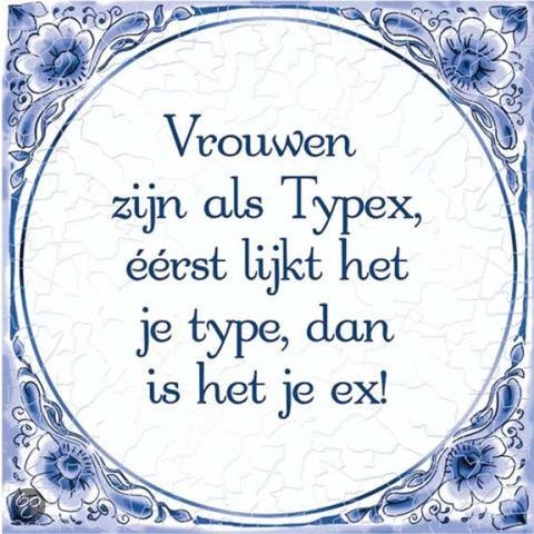 Benza - Delfts Blauwe Spreukentegel - Vrouwen zijn als Typex, ��rst lijk het je type dan is het je ex!