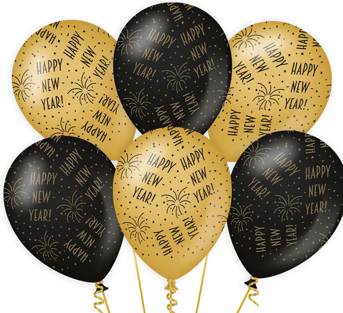 Ballonnen Gold/Black Happy new year (6 stuks)