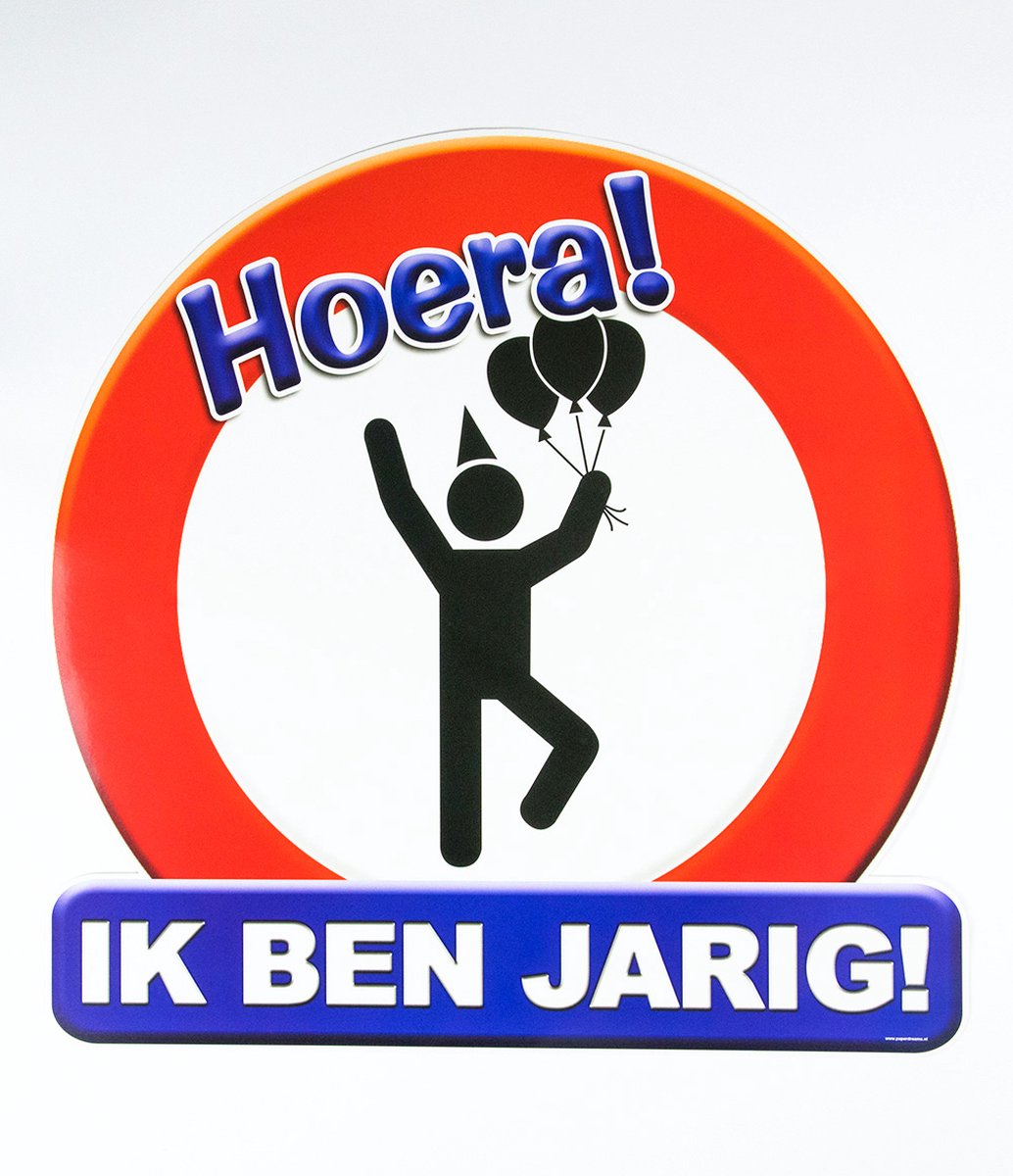 Huldeschild/deurbord - Hoera ik ben jarig - 50x50cm