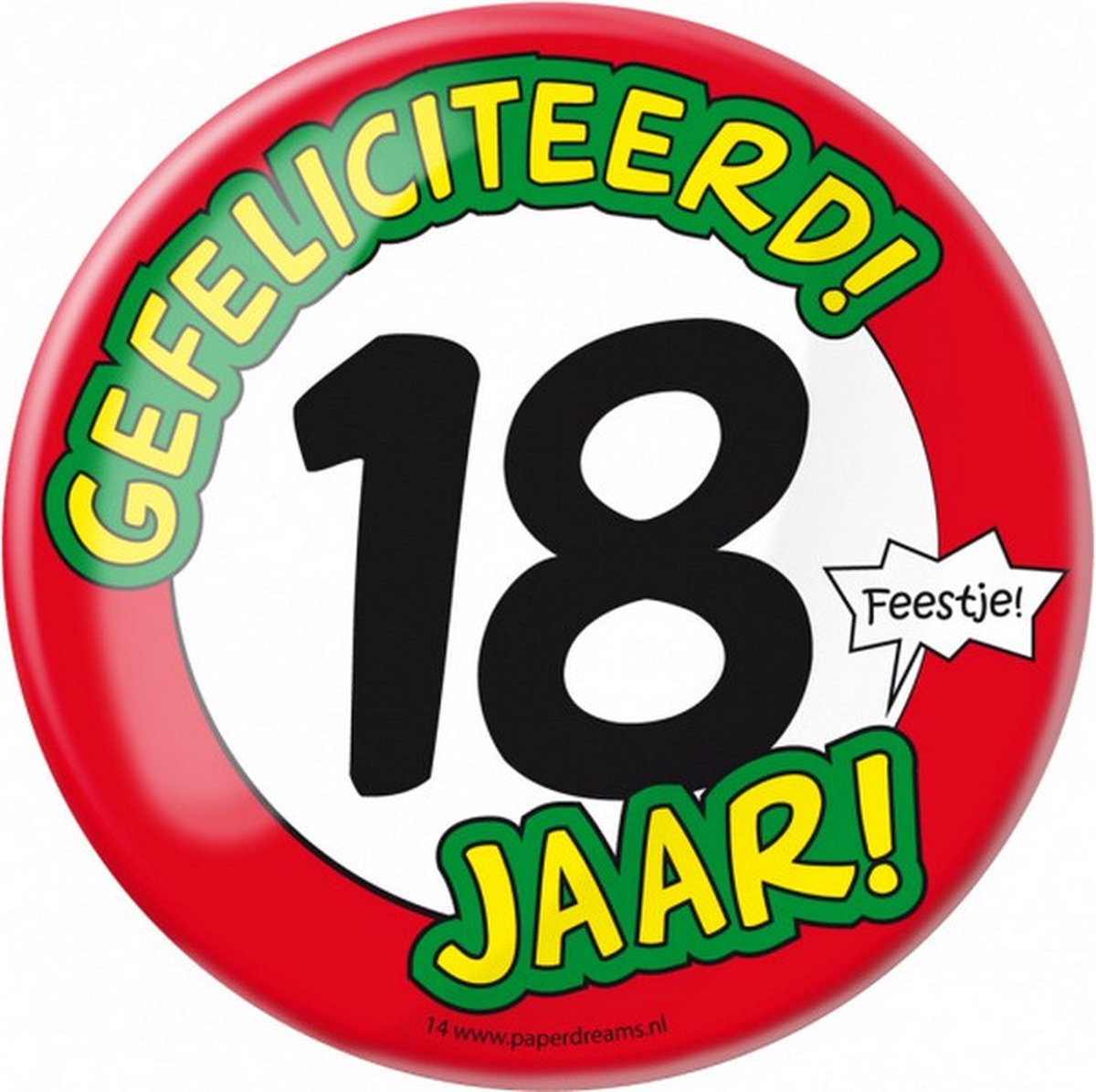 button Gefeliciteerd! 18 jaar! 10 cm staal rood/wit