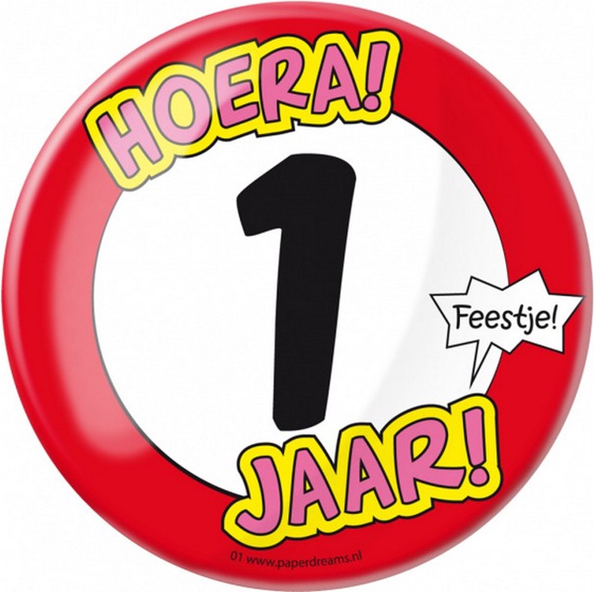 button Hoera! 1 jaar! junior 10 cm staal rood/wit