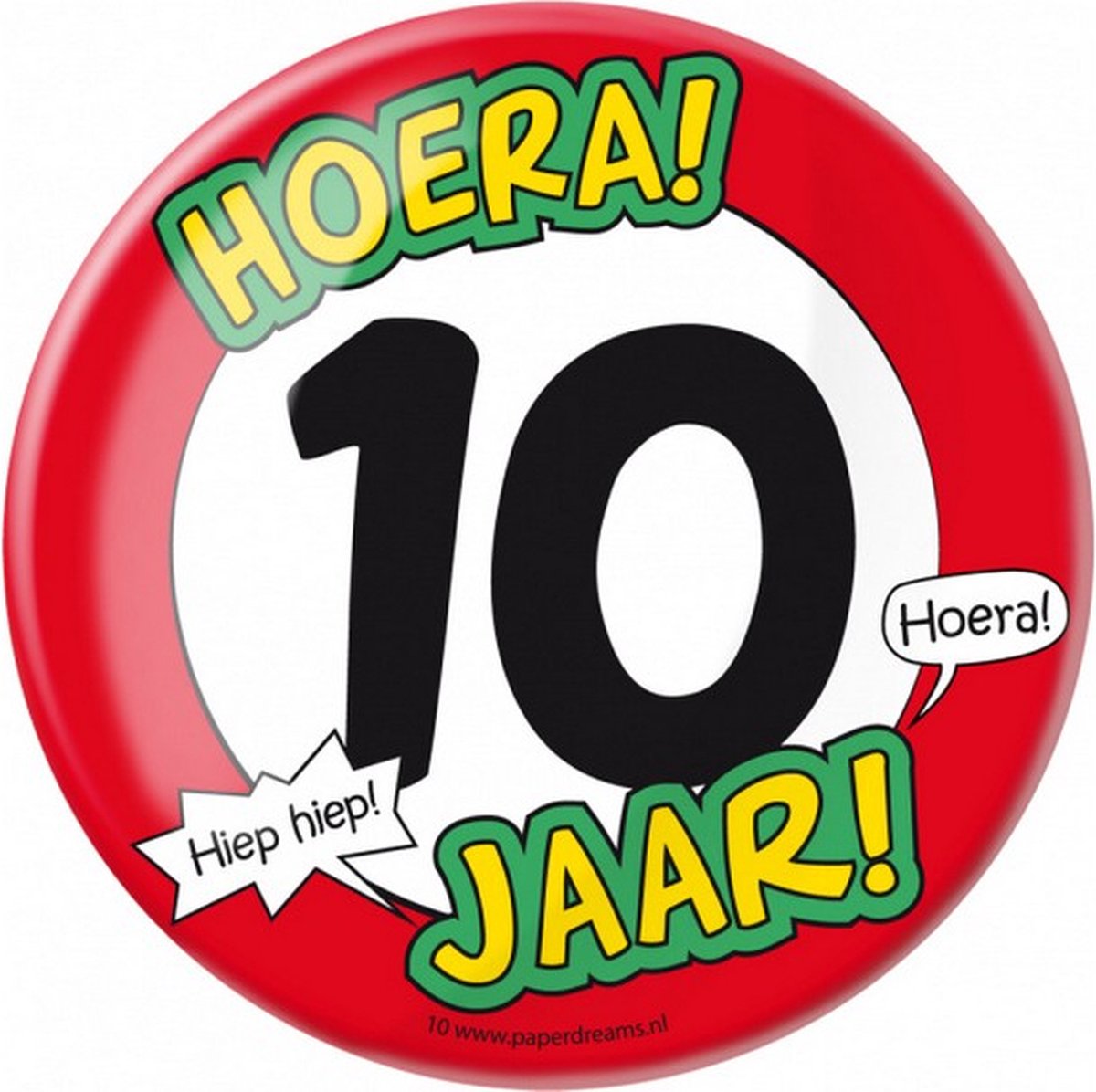 button Hoera! 10 jaar! junior 10 cm staal rood/wit