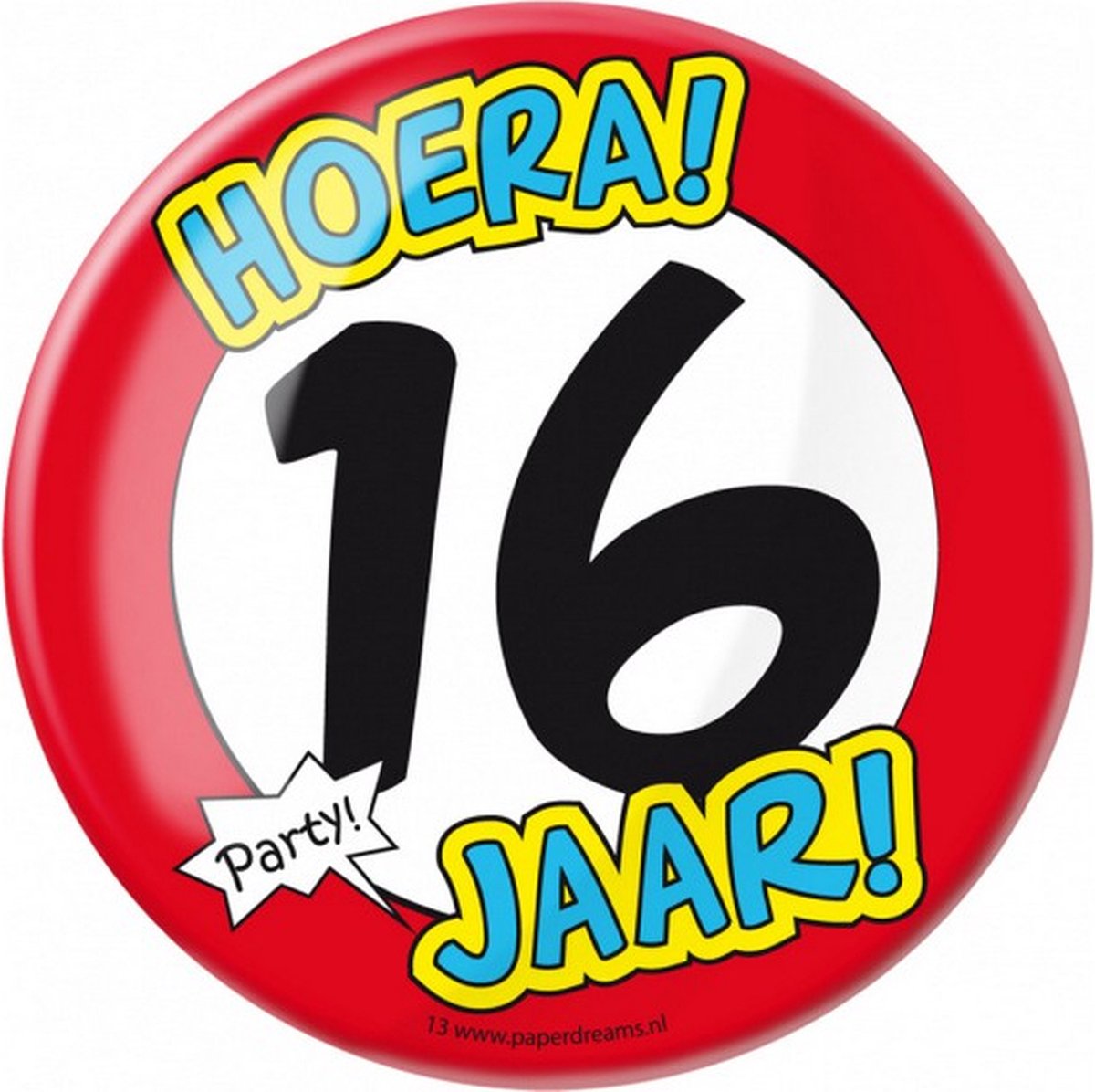 button Hoera! 16 jaar! junior 10 cm staal rood/wit