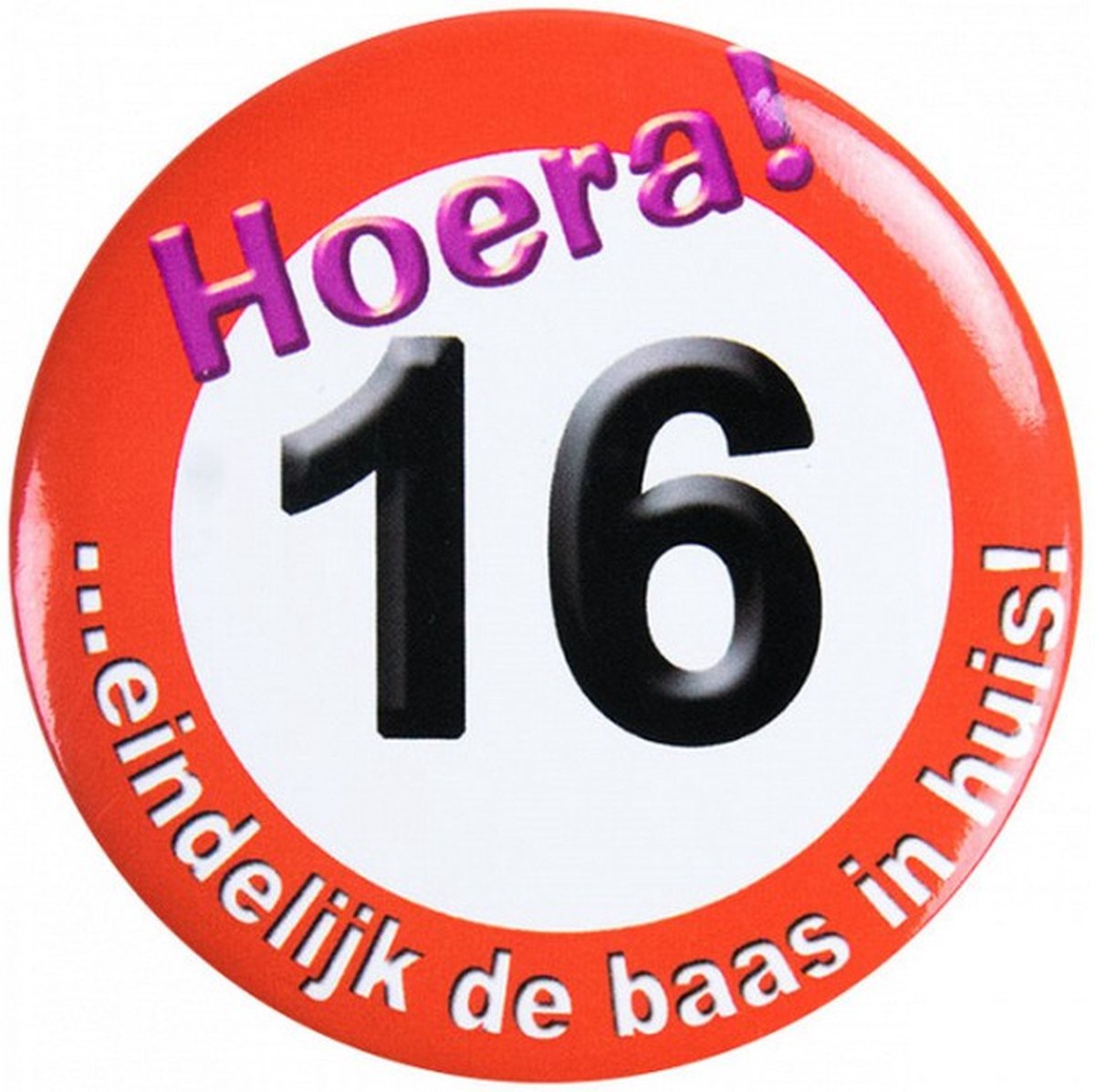 button Hoera! 16 junior 5,5 cm staal rood/wit