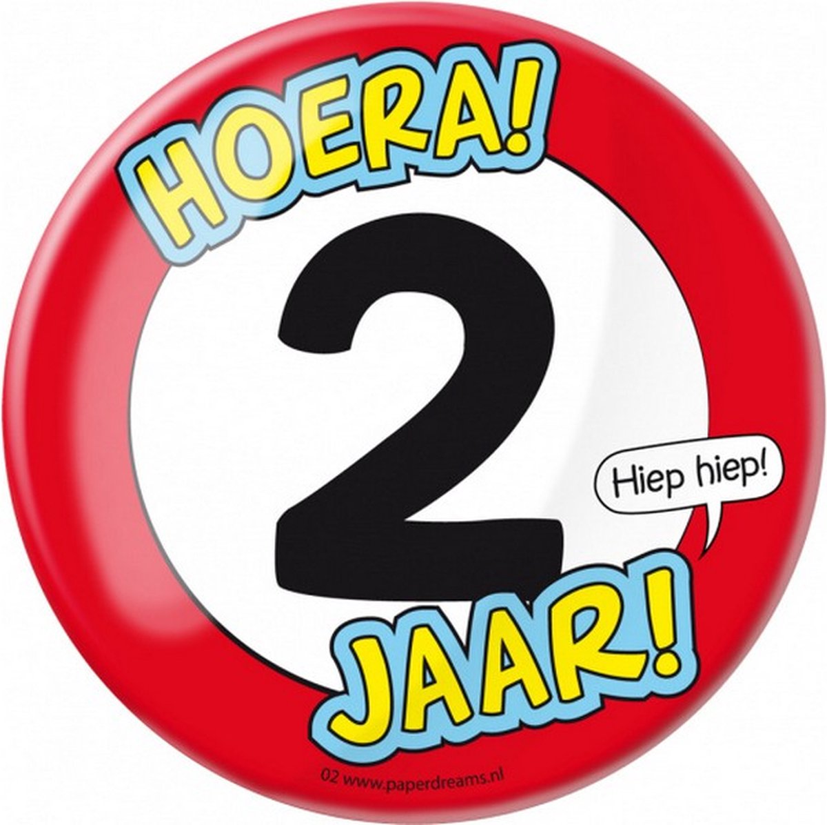 button Hoera! 2 jaar! junior 10 cm staal rood/wit