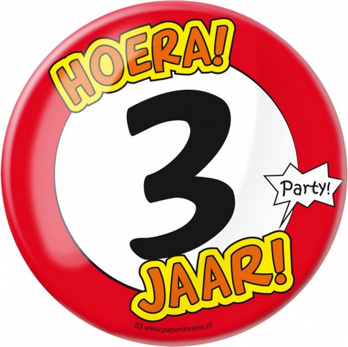 button Hoera! 3 jaar! junior 10 cm staal rood/wit