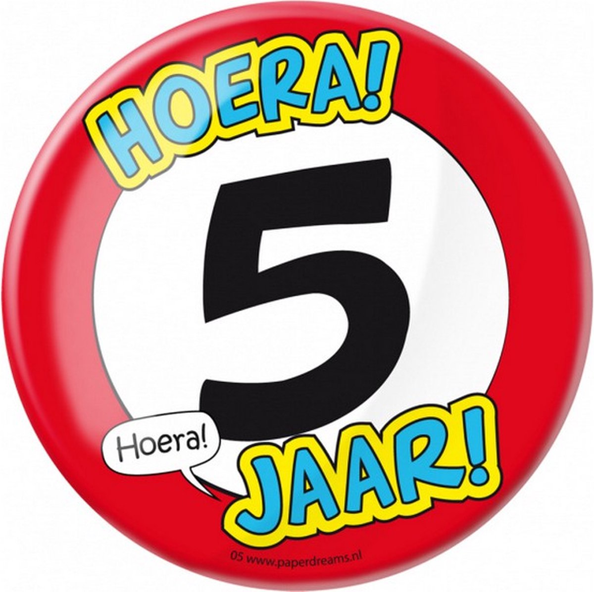 button Hoera! 5 jaar! junior 10 cm staal rood/wit