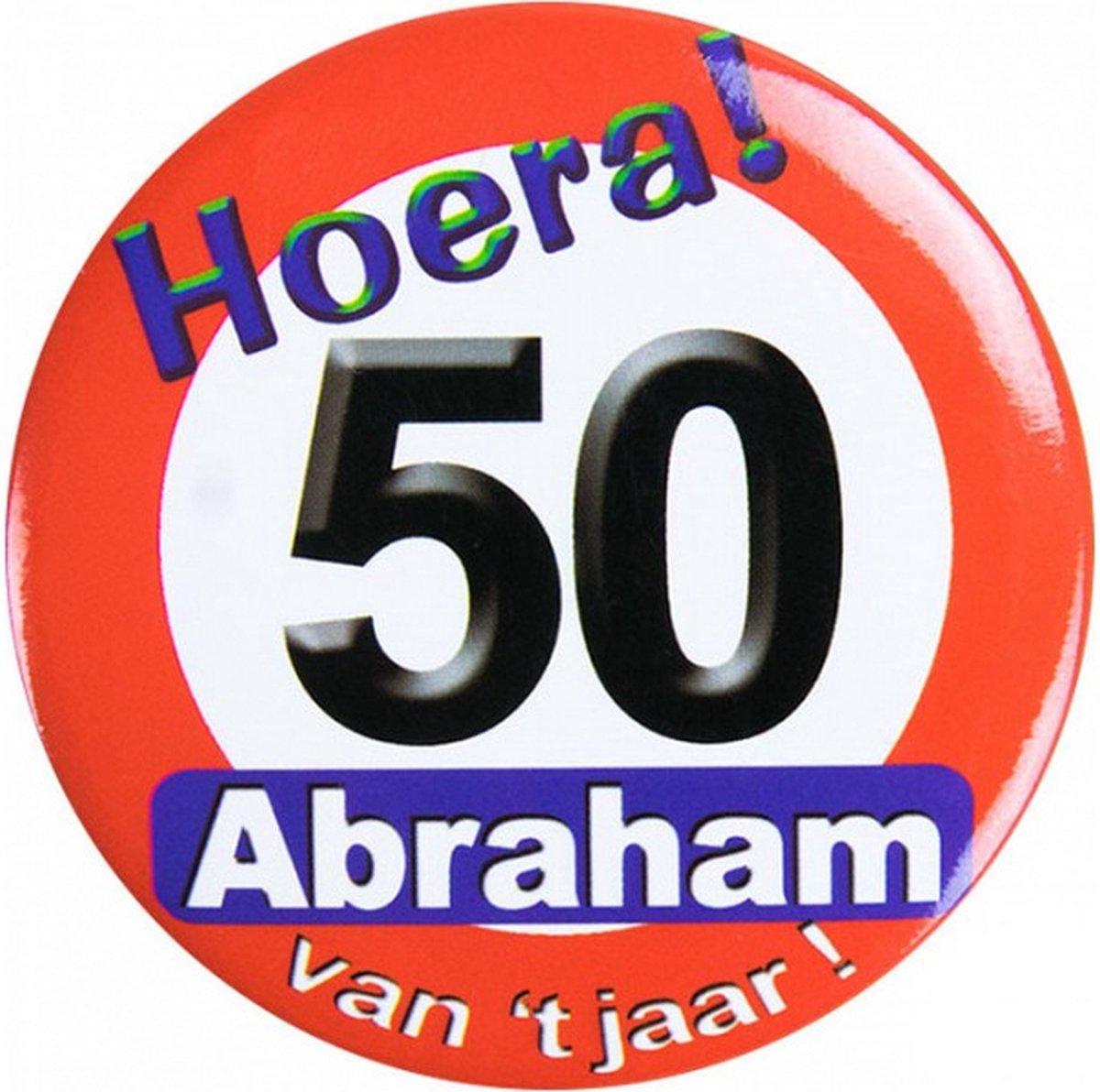 button Hoera! 50 Abraham heren 5,5 cm staal rood/wit