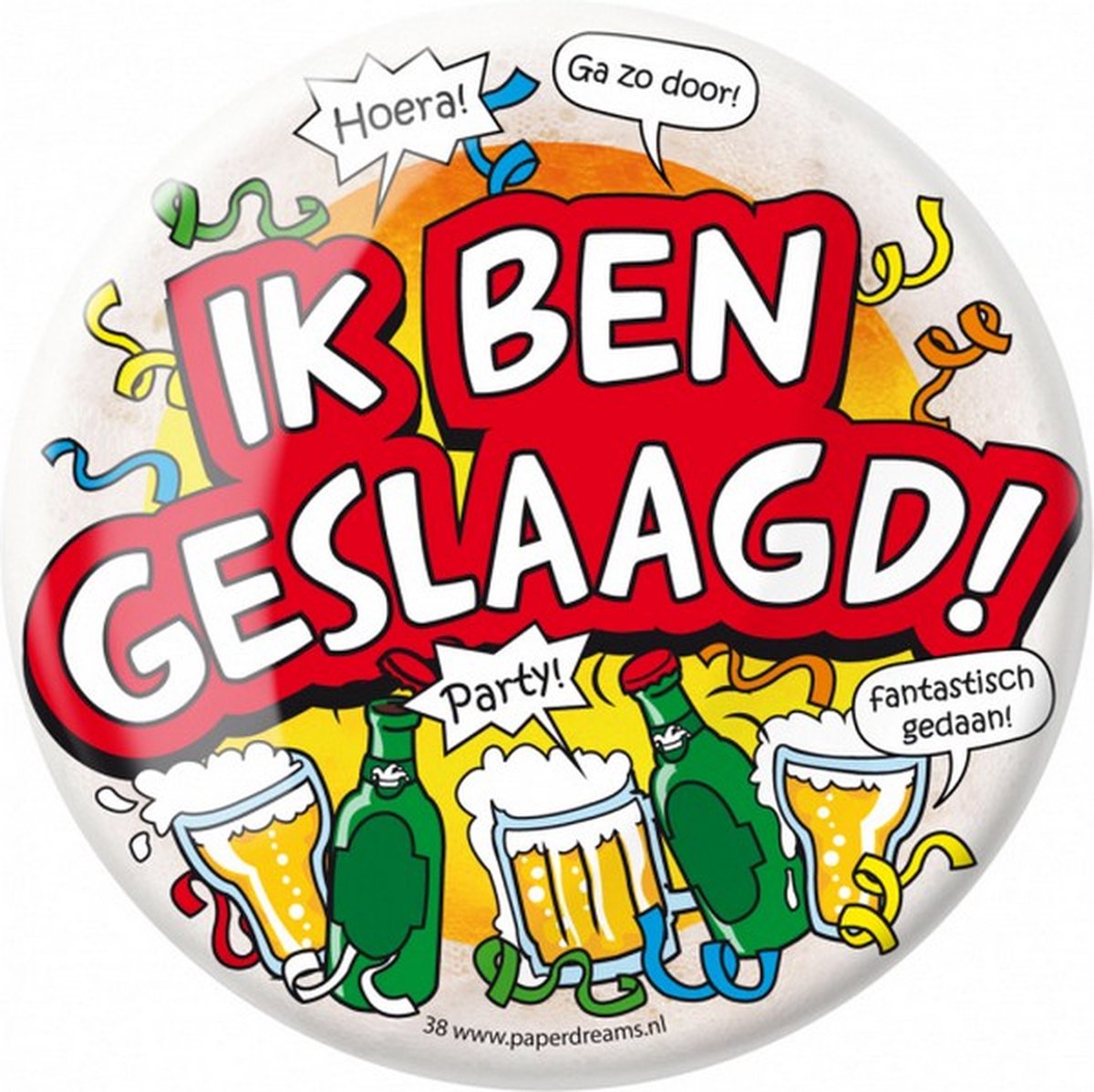 button Ik ben geslaagd! 10 cm staal wit/rood/geel