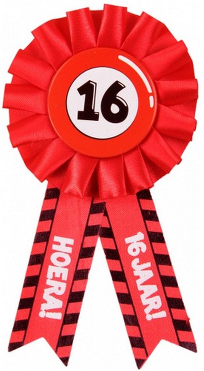 rozet Hoera 16 jaar 15 x 8 cm polyester rood