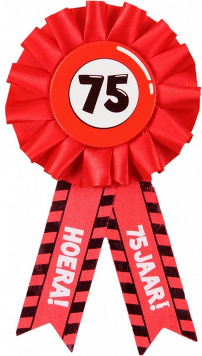 rozet Hoera 75 Jaar 15 x 8 cm polyester rood