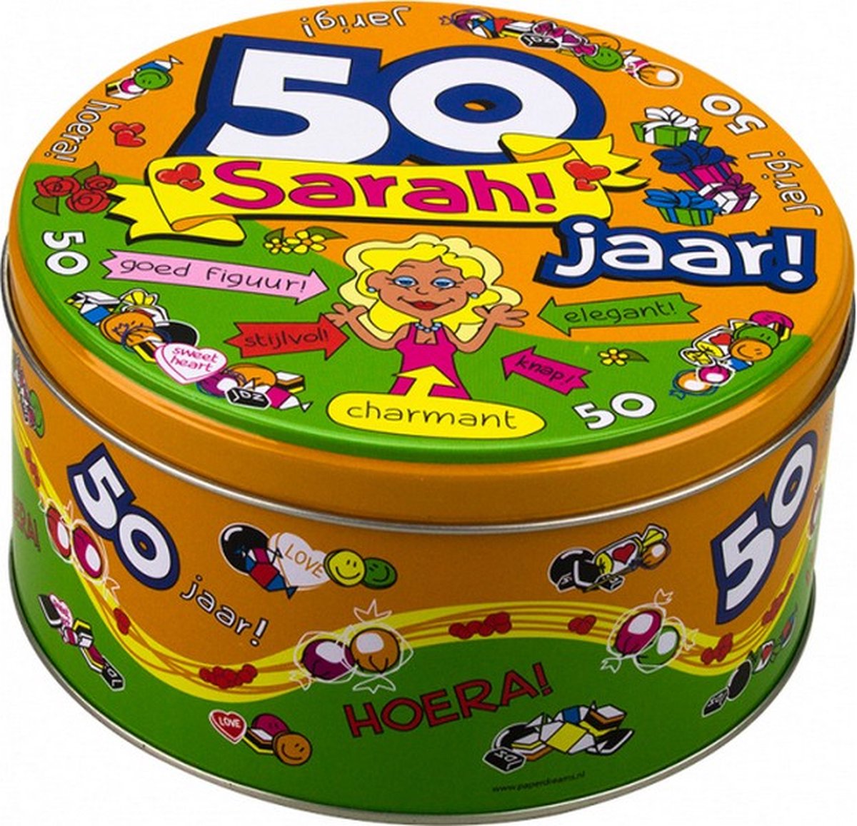 snoeptrommel 50 jaar Sarah 14 x 7,5 cm ijzer oranje