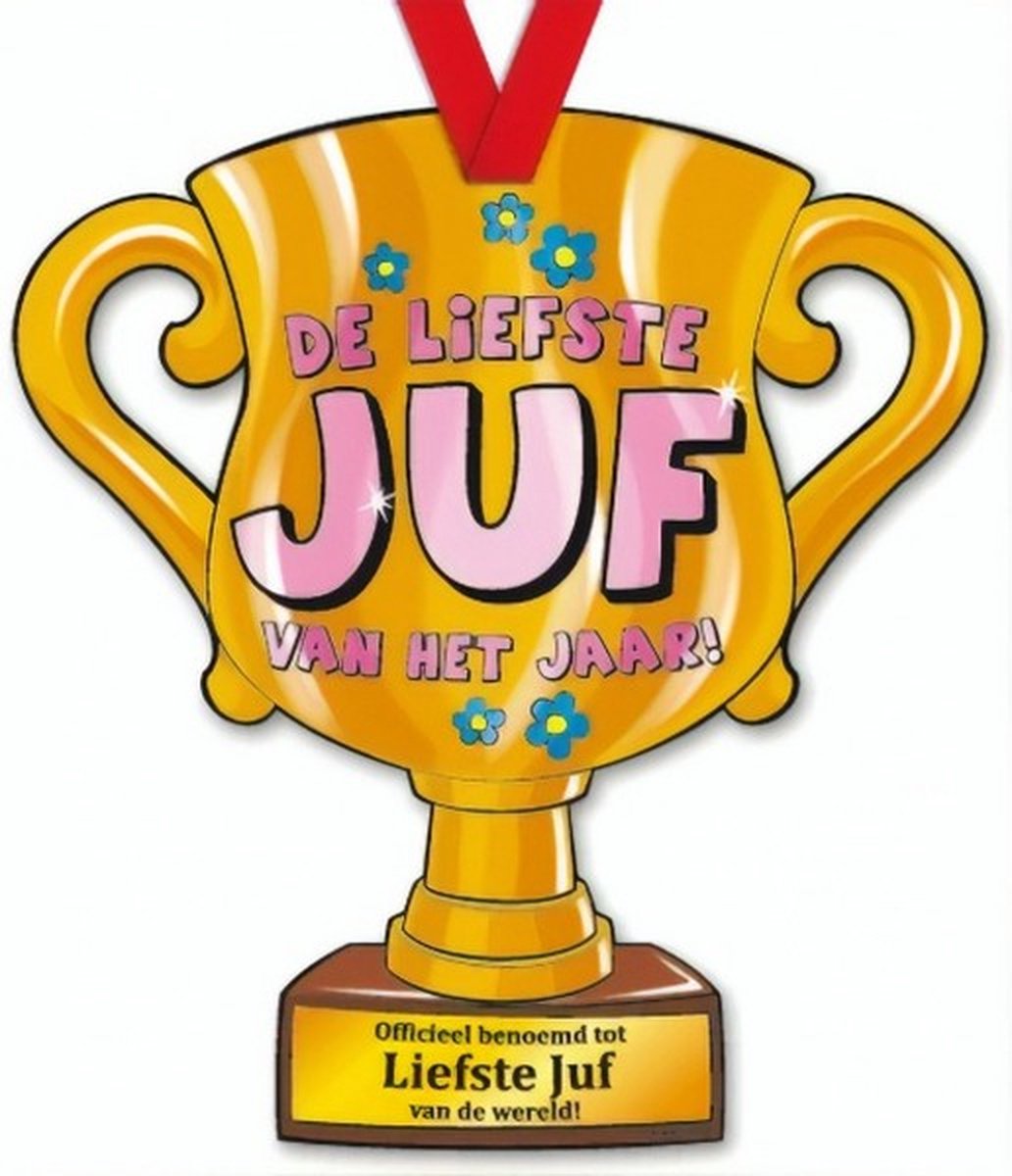 trofee Liefste Juf van het jaar! 33 cm karton goud