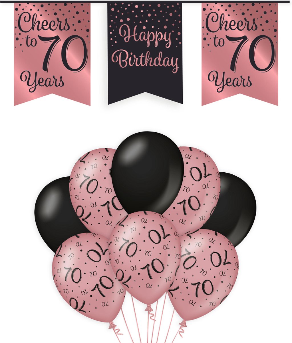 70 Jaar Verjaardag Decoratie Versiering - Feest Versiering - Vlaggenlijn - Ballonnen - Man & Vrouw - Rosé en Zwart