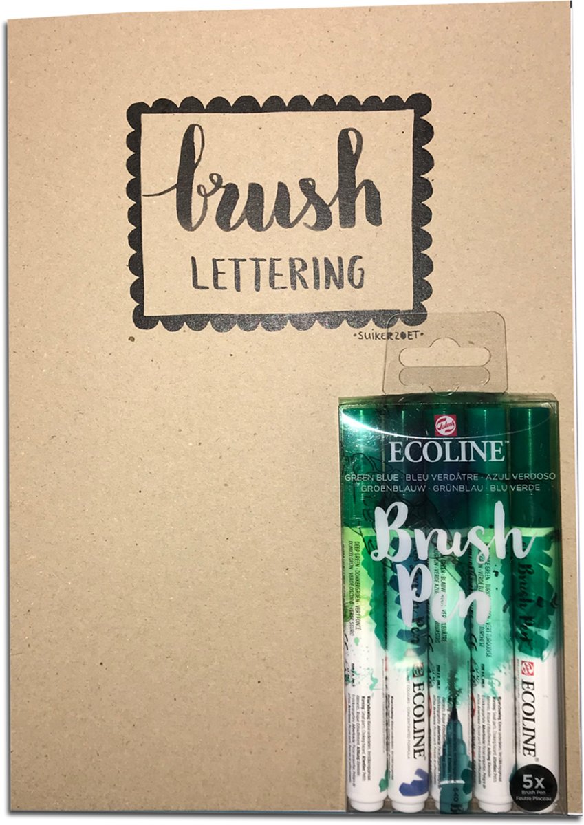 Brushlettering boek + brushpennen set greenblue (trendkleur 2020)