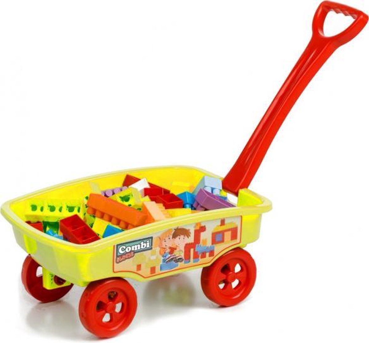 blokkenwagen 69 cm geel 50-delig