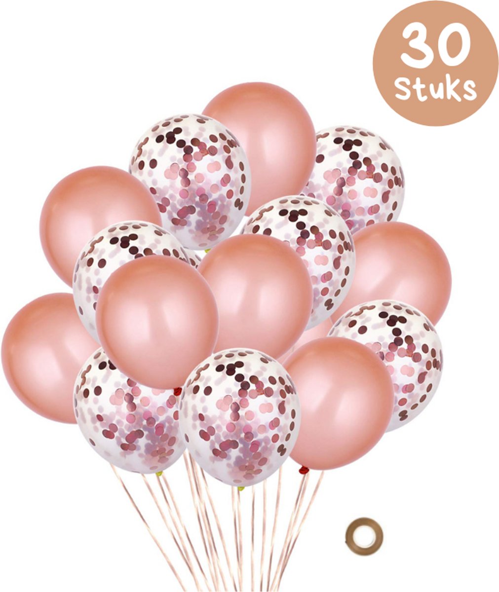 30 st. Roze goud verjaardag ballonnen set - Confetti ballondecoratie rose gold - 30 CM met helium latex ballon - decoratie versieren voor feestje, bruiloft, sweet 16, vrijgezellenfeest of abraham en sarah feest