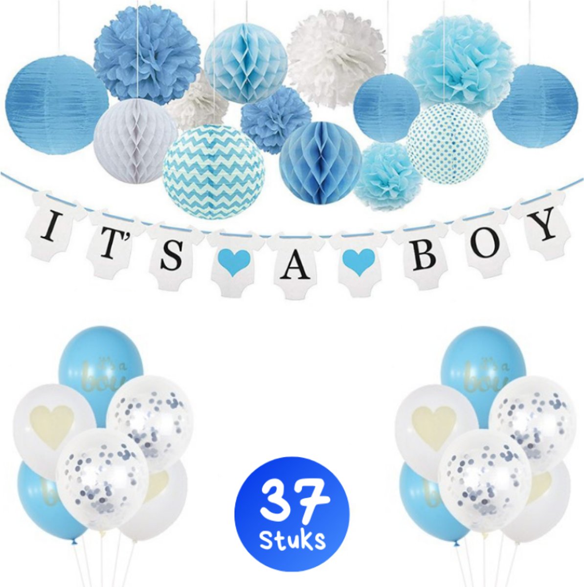 Babyshower versiering decoraties blauw - baby shower boy artikelen - decoratie feest pakket voor geboorte jongen