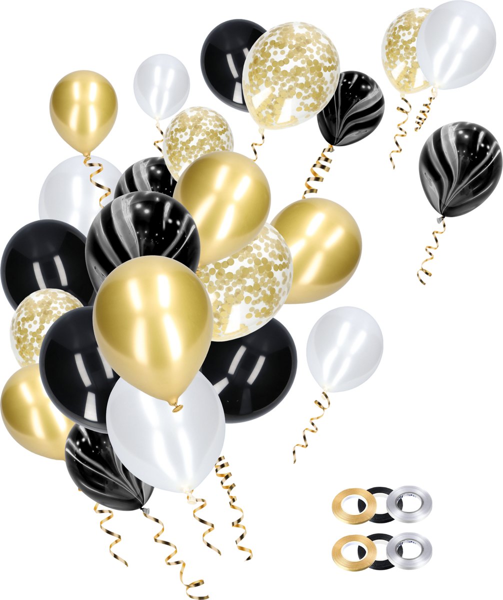 Partizzle 50x Ballonnen Zwart, Goud & Wit - Helium Geschikt - Papieren Confetti - Ballonnenboog Versiering - Latex