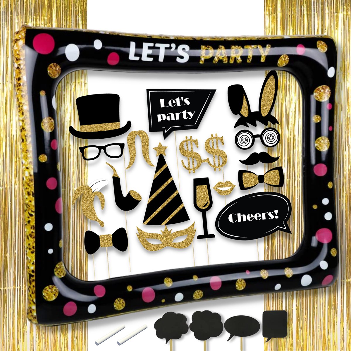 Partizzle Photobooth Props en Frame met Glittergordijn set - Verjaardag Versiering - Foto Feestgordijn - Abraham Sarah 50 Jaar Decoratie - 30 Feest - Zwart en Goud