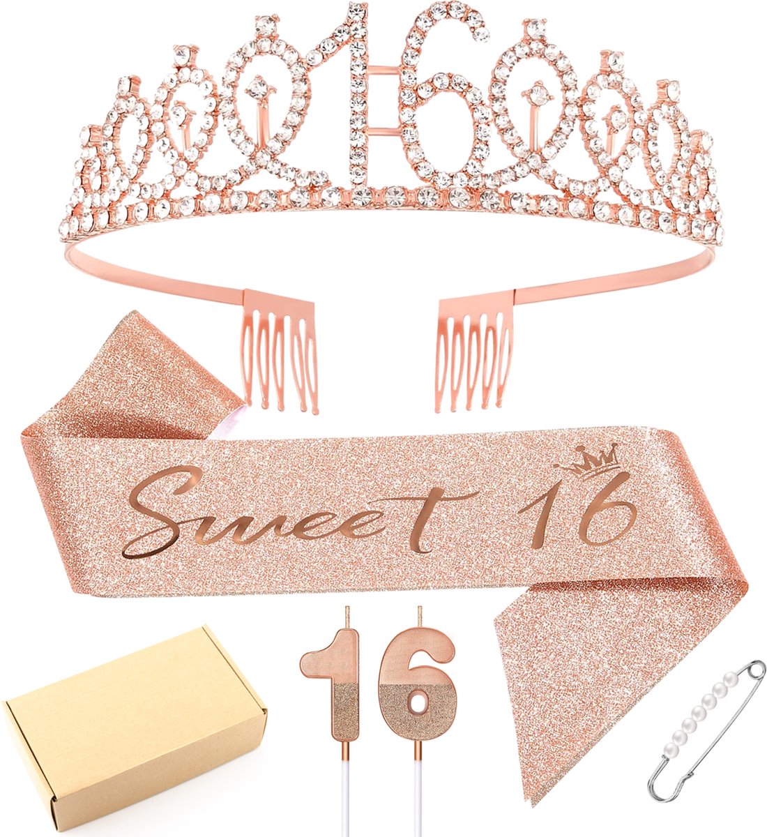 Partizzle Sweet 16 Cijferkaars met Sjerp en Birthday Crown - 16 Jaar Verjaardag Versiering - Sixteen - Rose Goud