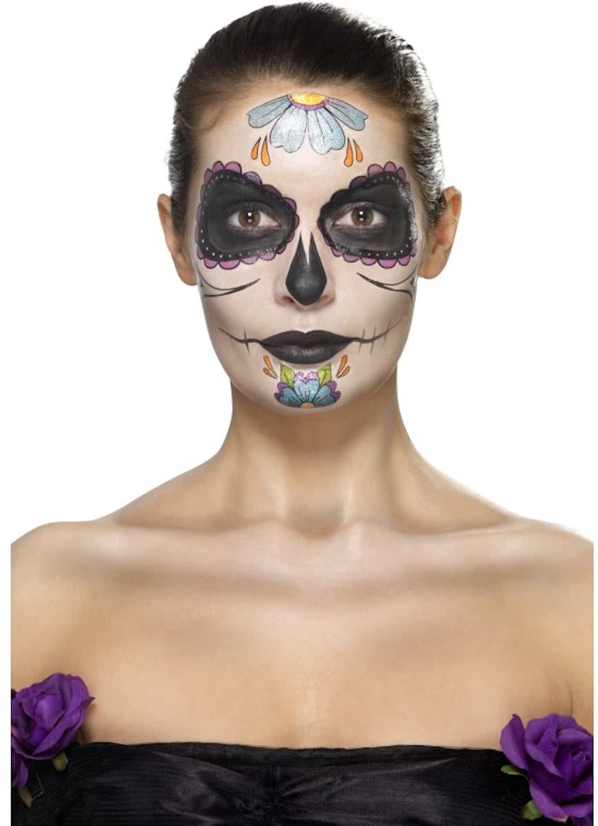 Day of the Dead Face Tattoo Transfers Kit Multi-Coloured Facepaint Gem Stickers Crayon & Applicators