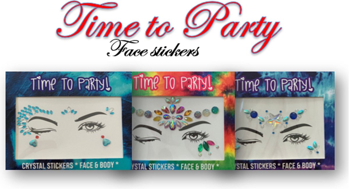 crystal stickers - face&body stickers - time to party gezicht stickers - 3 stuks - kristal stickers voor het gezicht en het lichaam - stickers - Festival gezicht steentjes - Glamour Queen