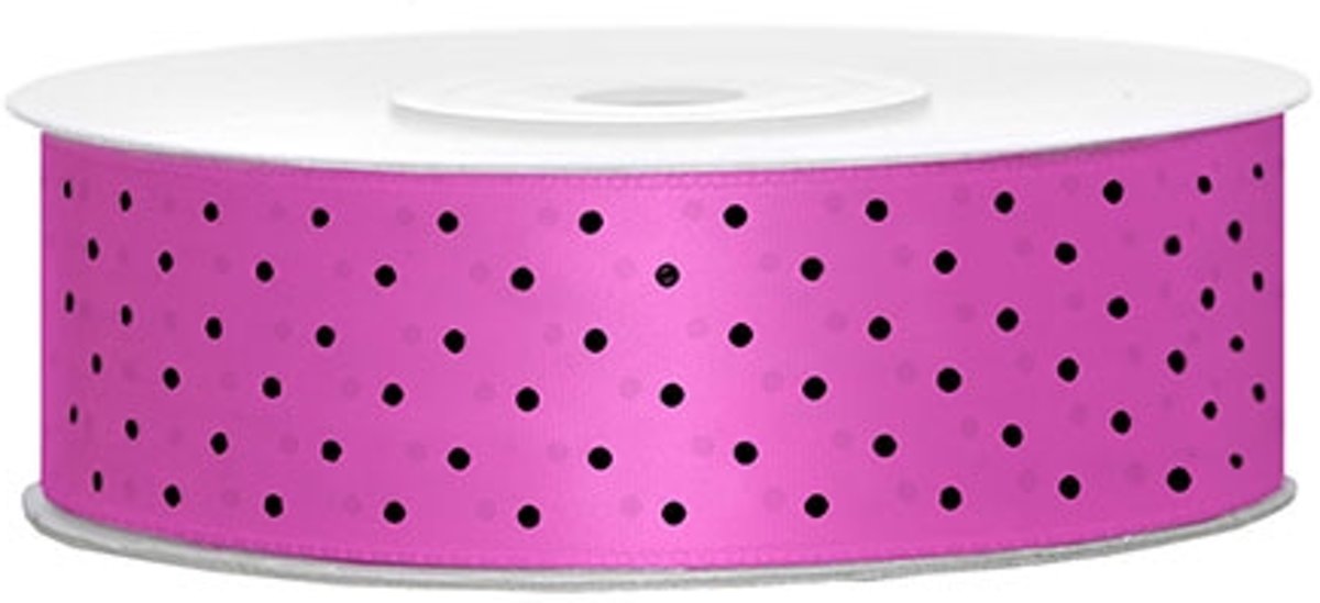 Satijn lint magenta dots 25mm/rol 25m