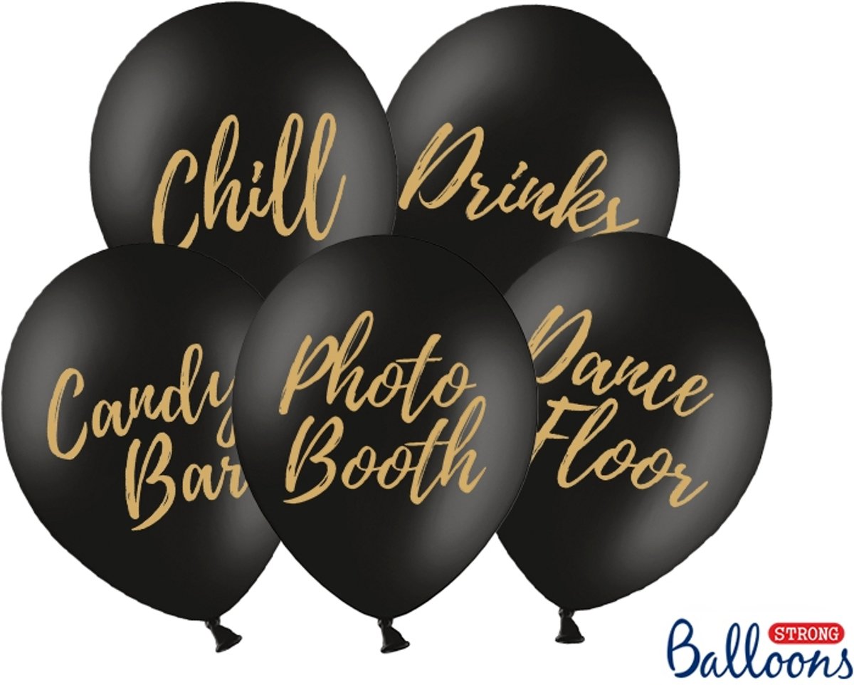 Ballonnen met de opdruk, Candy Bar, Chill, Dance Floor, Drinks, Photo Booth, Pastel Zwart